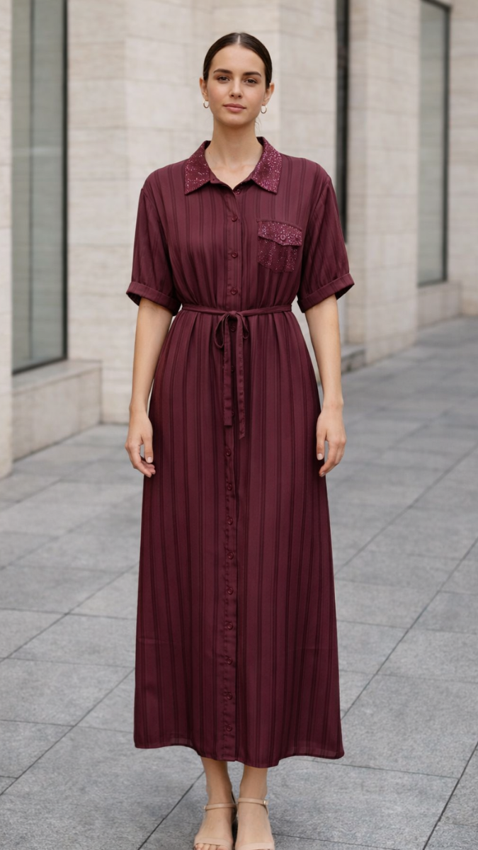 Rhinestone Collar And Pocket Shirt Dress FC2260
