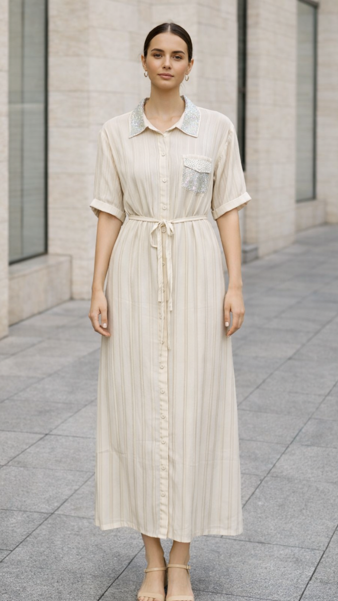 Rhinestone Collar And Pocket Shirt Dress FC2260