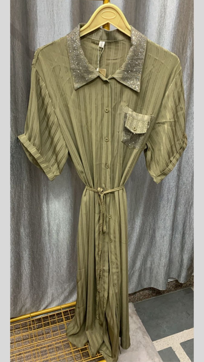 Rhinestone Collar And Pocket Shirt Dress FC2260