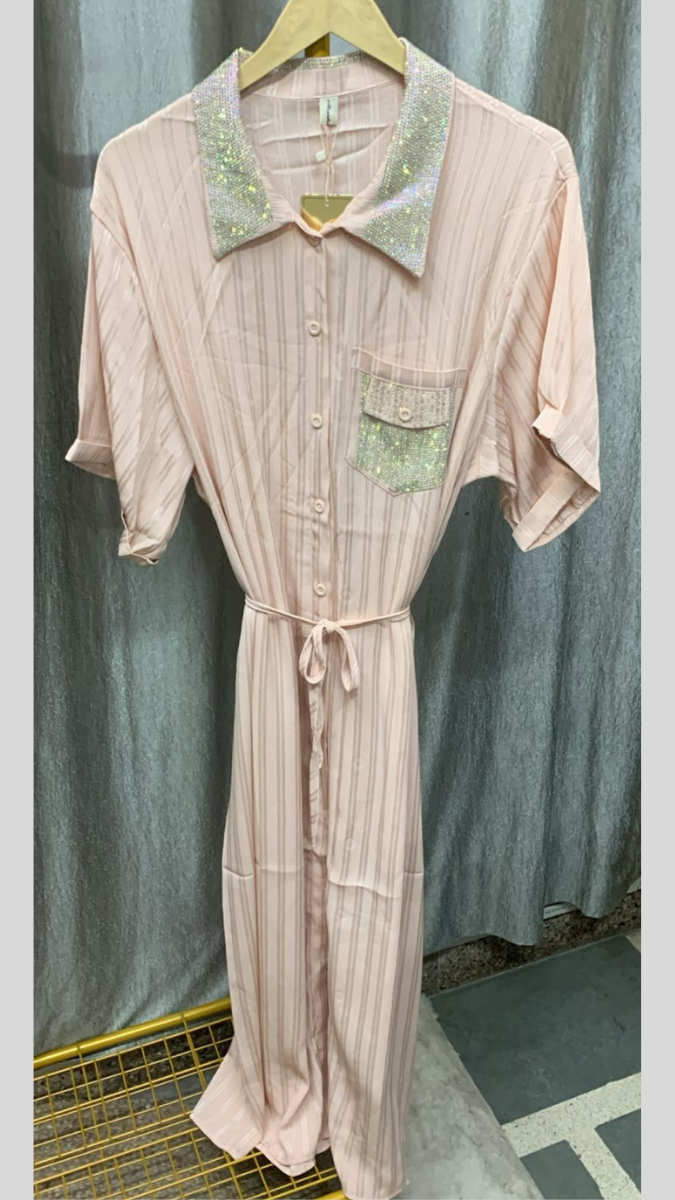 Rhinestone Collar And Pocket Shirt Dress FC2260