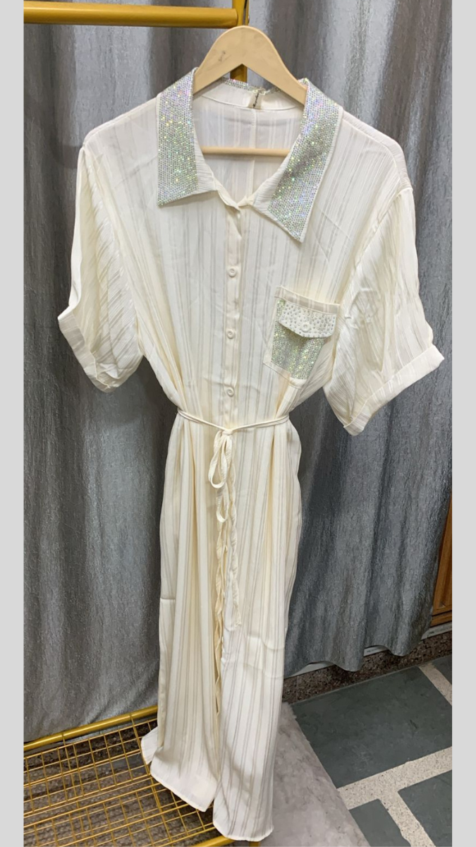 Rhinestone Collar And Pocket Shirt Dress FC2260