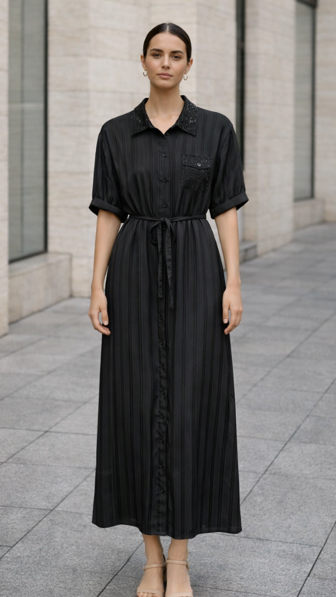 Rhinestone Collar And Pocket Shirt Dress FC2260