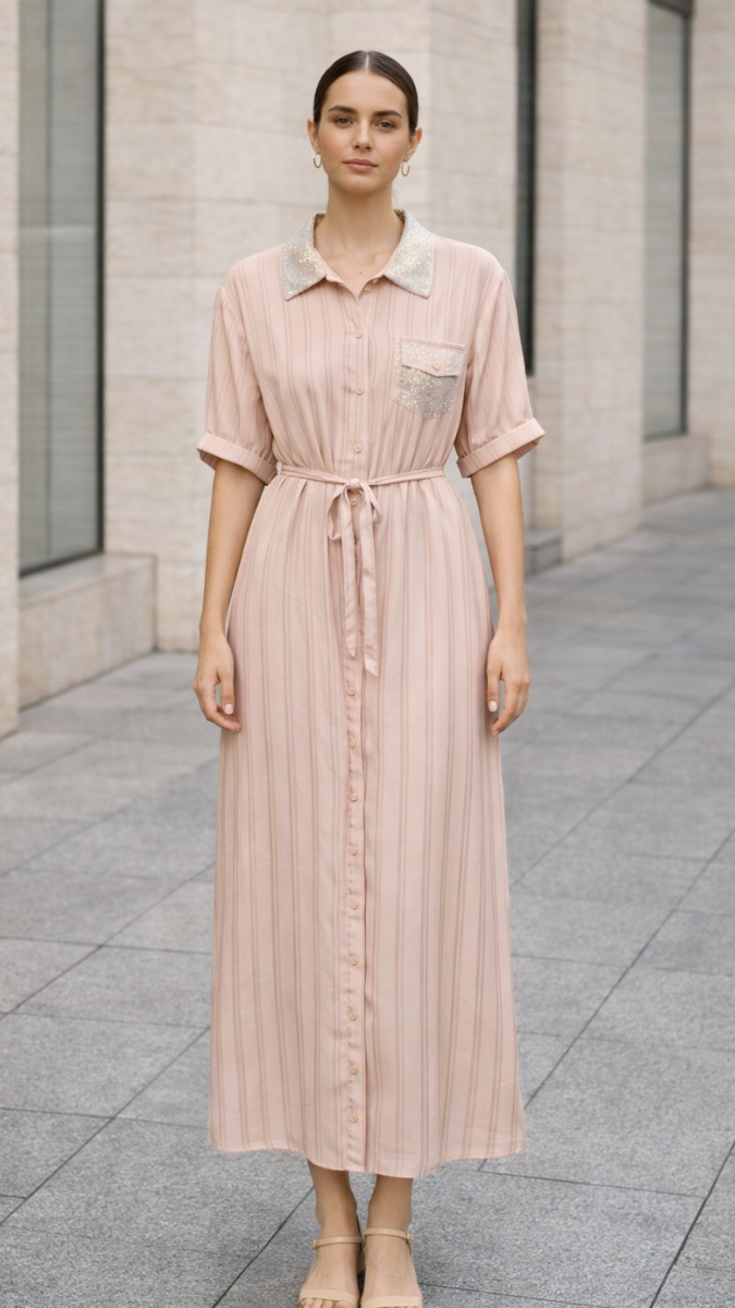 Rhinestone Collar And Pocket Shirt Dress FC2260