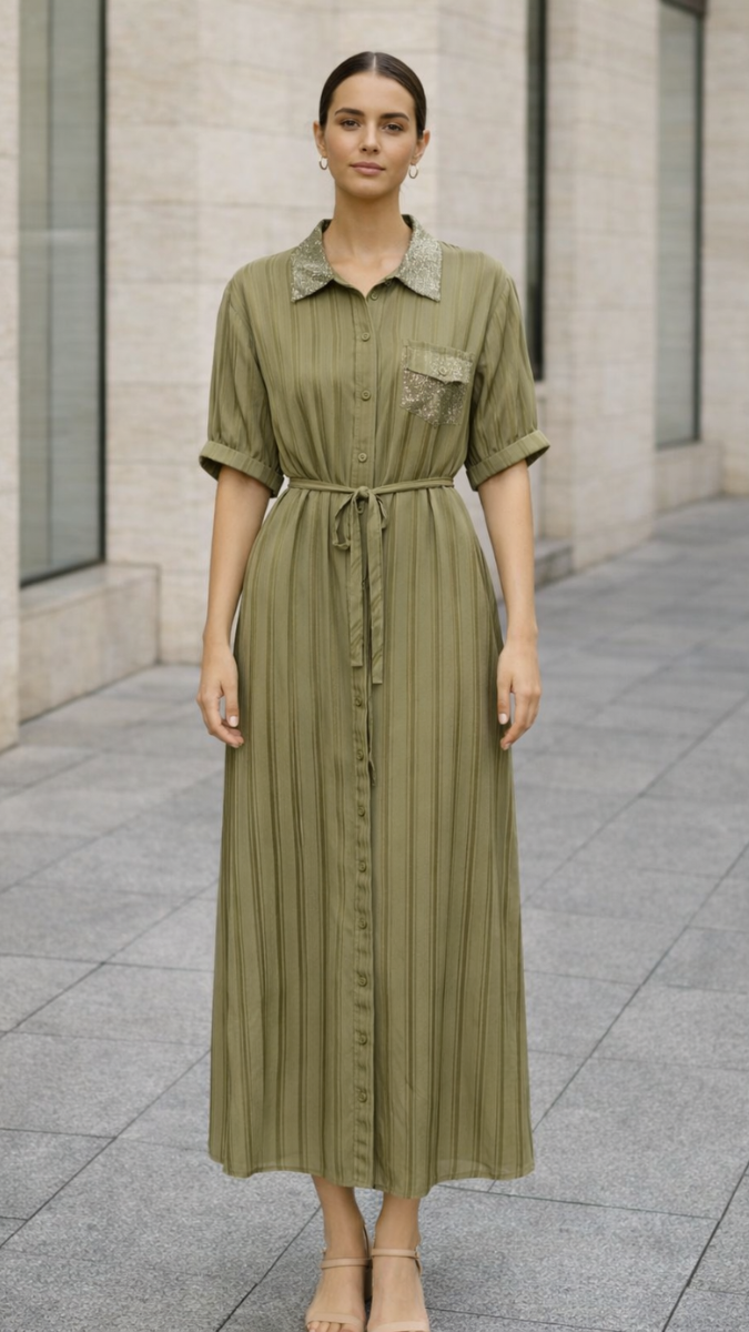 Rhinestone Collar And Pocket Shirt Dress FC2260
