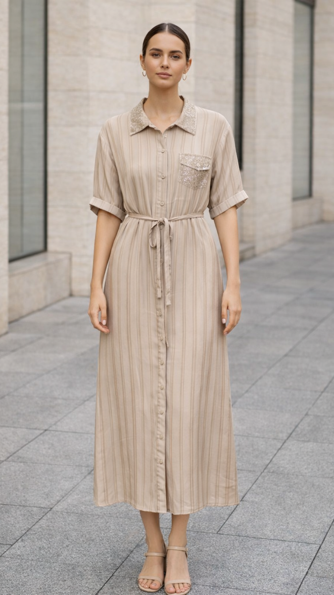 Rhinestone Collar And Pocket Shirt Dress FC2260