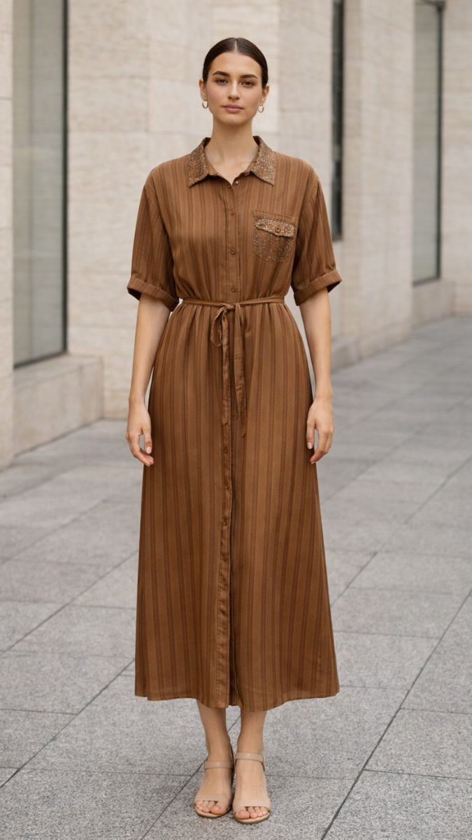 Rhinestone Collar And Pocket Shirt Dress FC2260
