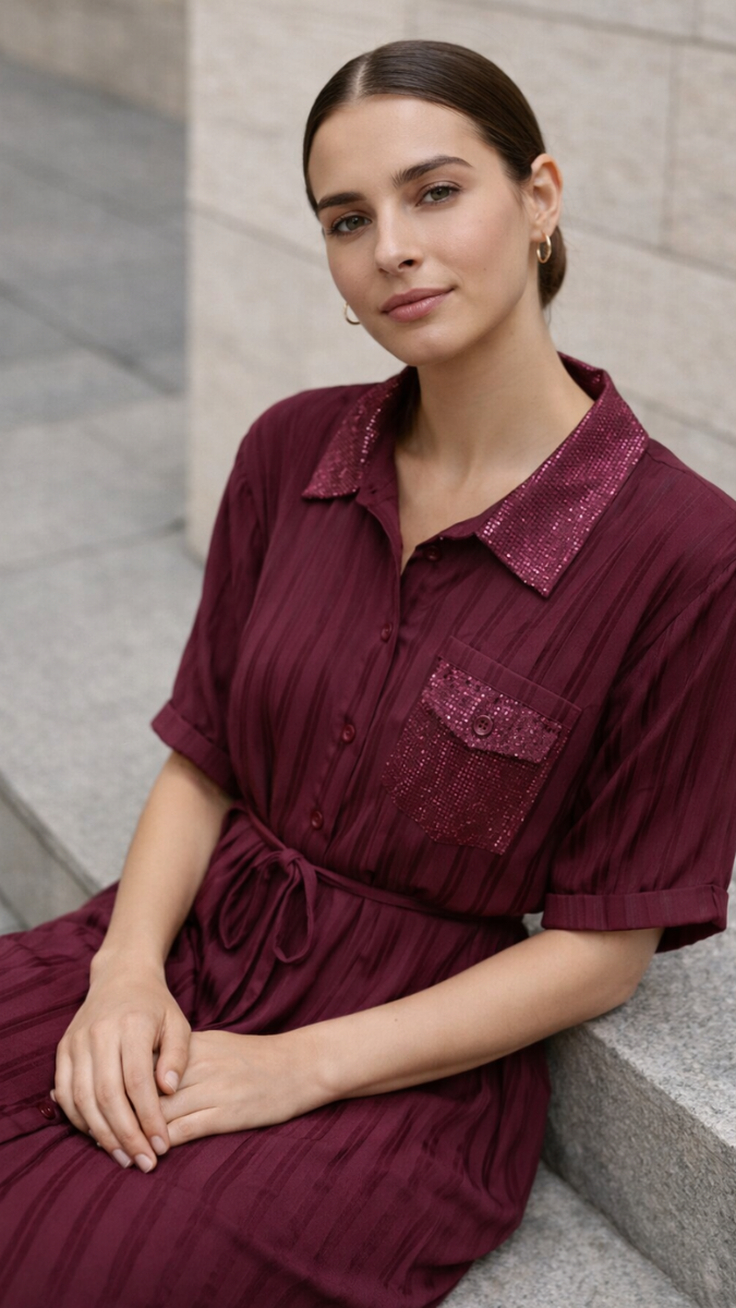 Rhinestone Collar And Pocket Shirt Dress FC2260