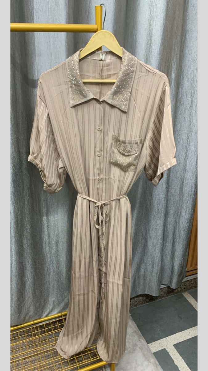 Rhinestone Collar And Pocket Shirt Dress FC2260