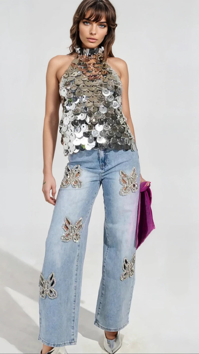 Rhinestone Design Butterfly Cut Out Jeans FC1937