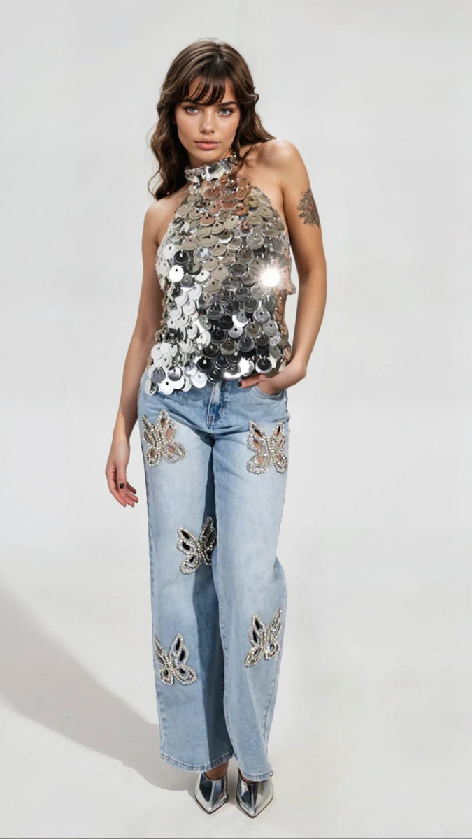 Rhinestone Design Butterfly Cut Out Jeans FC1937