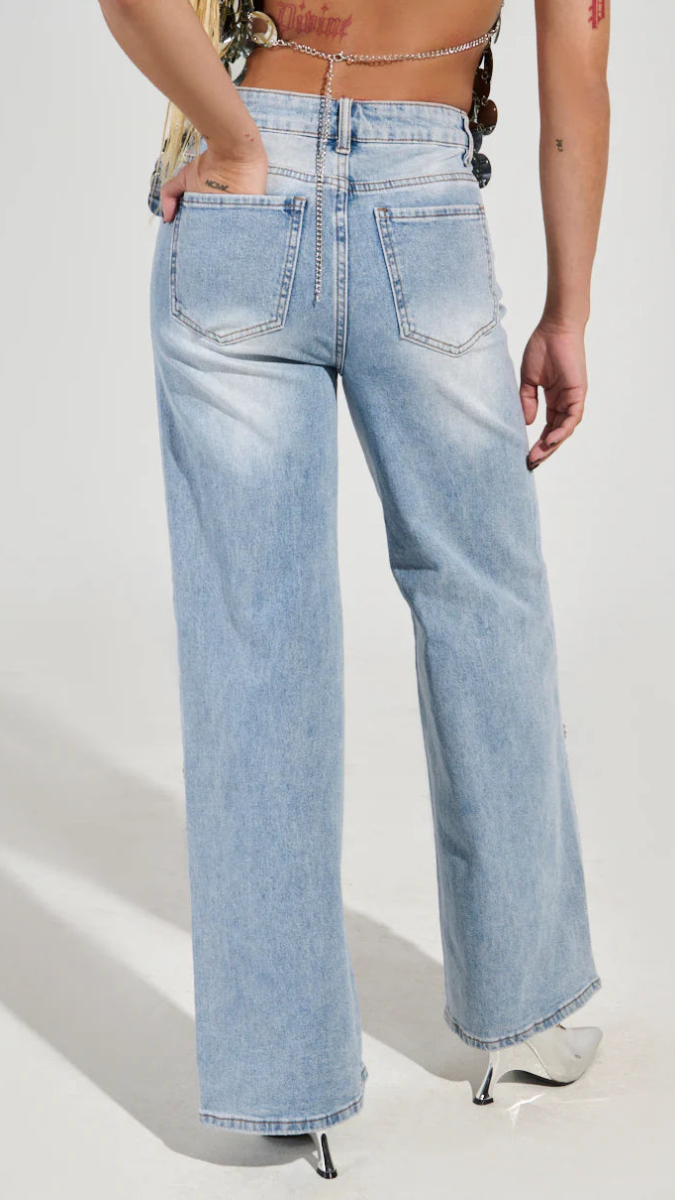 Rhinestone Design Butterfly Cut Out Jeans FC1937