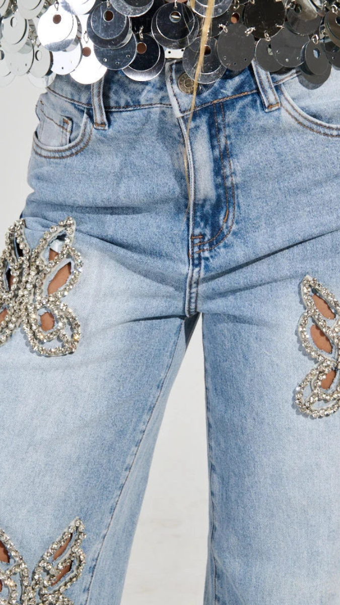 Rhinestone Design Butterfly Cut Out Jeans FC1937