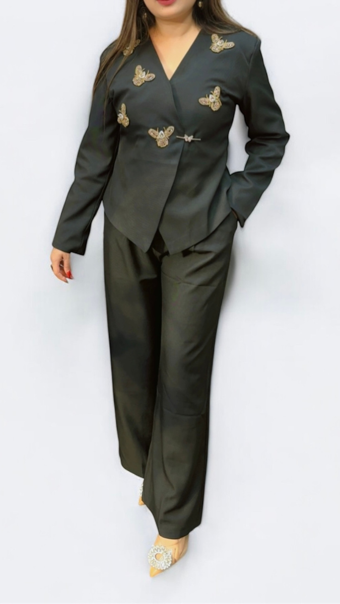 Rhinestone Design Embedded Coat With Pant FC1928