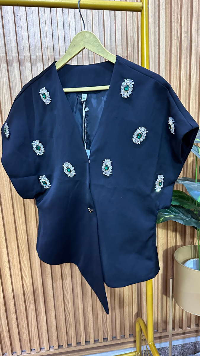 Rhinestone Design Embedded With Crystal V Neck Blazer FC1929