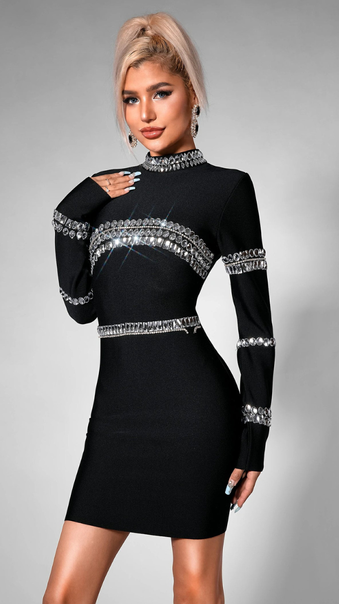 Rhinestone Design High Neck Dress FC1618