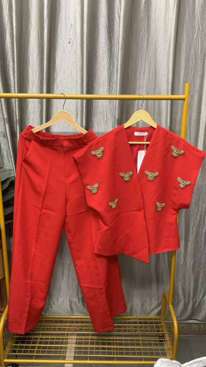 Rhinestone Designed Beatle Top And Loose Pant Coord Set FC2426
