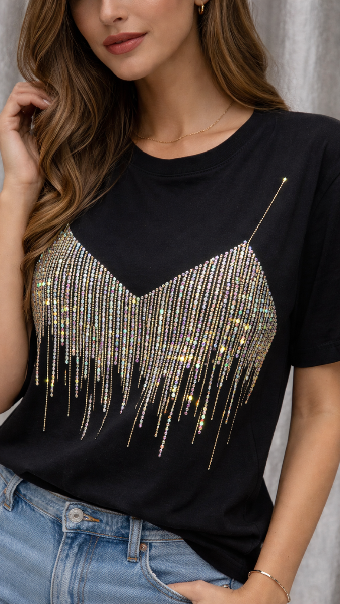 Rhinestone Designed Bikini Half Sleeve Top FC2304