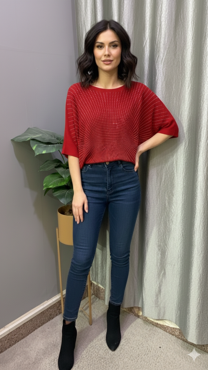 Rhinestone Designed Boat Neck Loose Sleeve Top FC2185