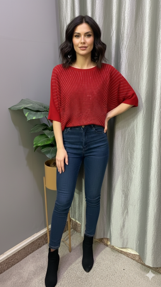 Rhinestone Designed Boat Neck Loose Sleeve Top FC2185