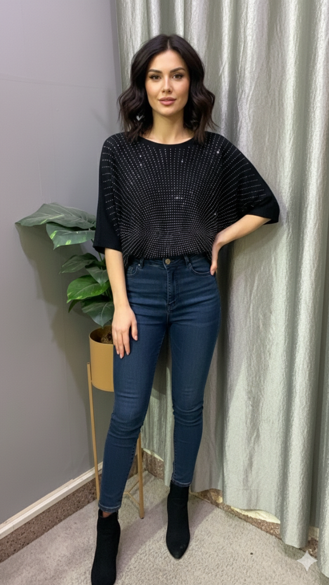 Rhinestone Designed Boat Neck Loose Sleeve Top FC2185