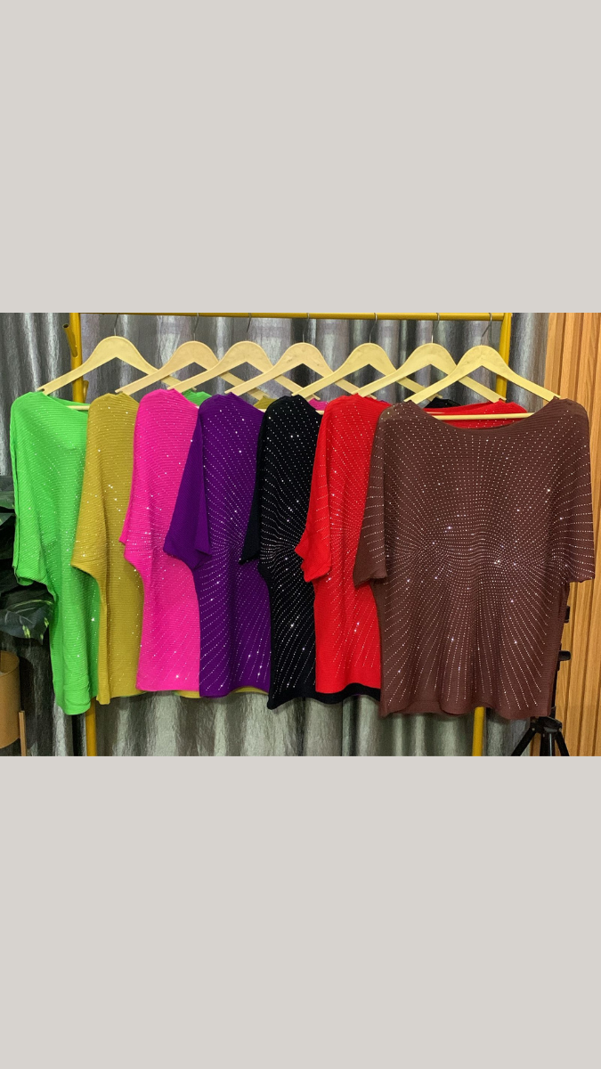 Rhinestone Designed Boat Neck Loose Sleeve Top FC2185