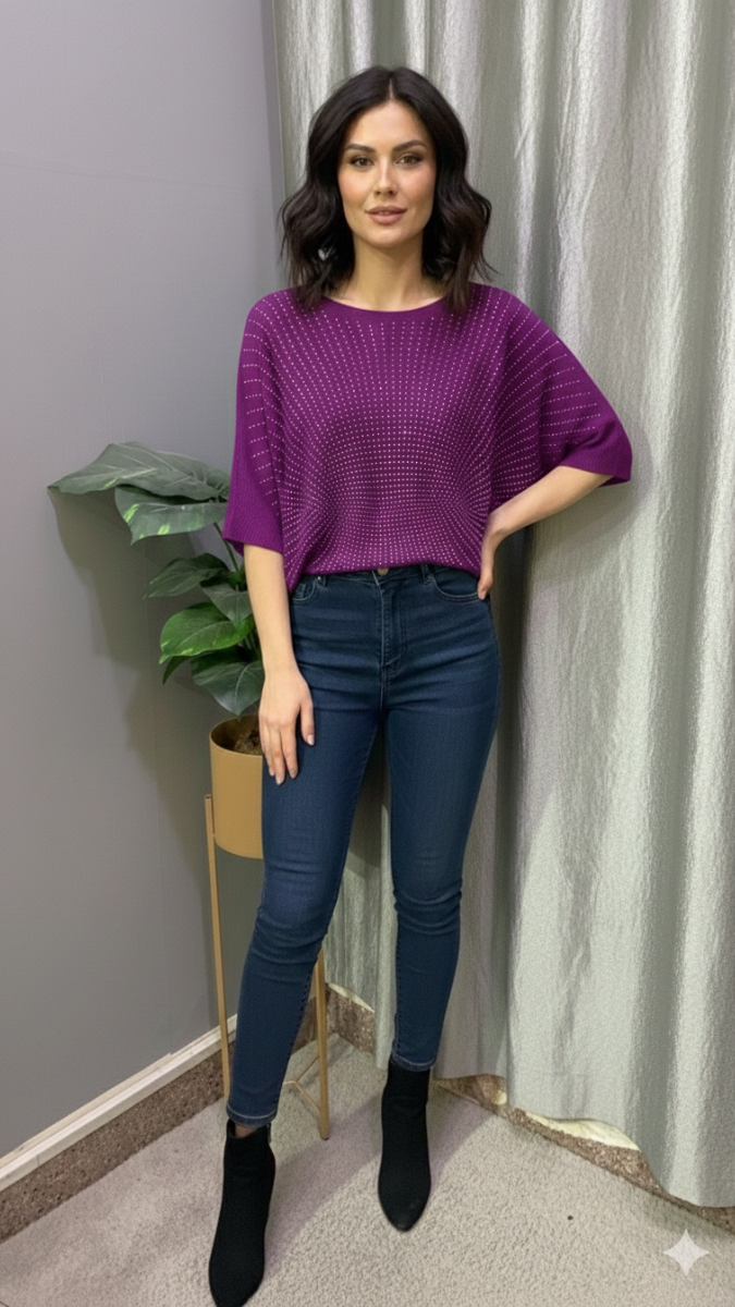 Rhinestone Designed Boat Neck Loose Sleeve Top FC2185