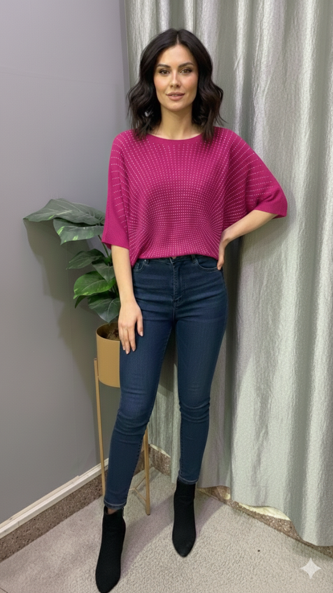 Rhinestone Designed Boat Neck Loose Sleeve Top FC2185