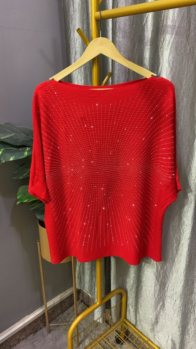 Rhinestone Designed Boat Neck Loose Sleeve Top FC2185