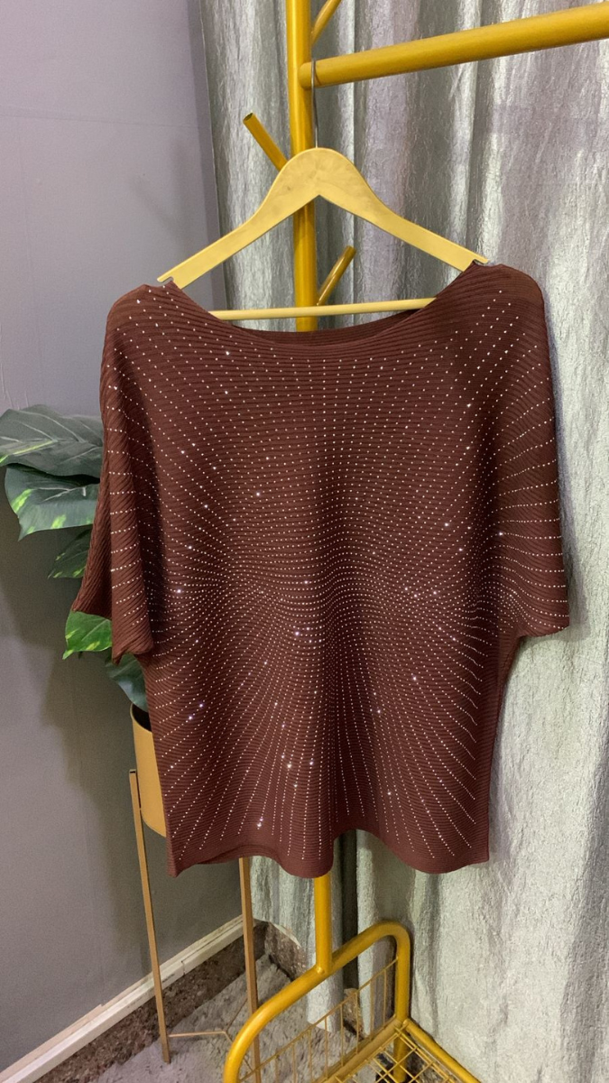 Rhinestone Designed Boat Neck Loose Sleeve Top FC2185