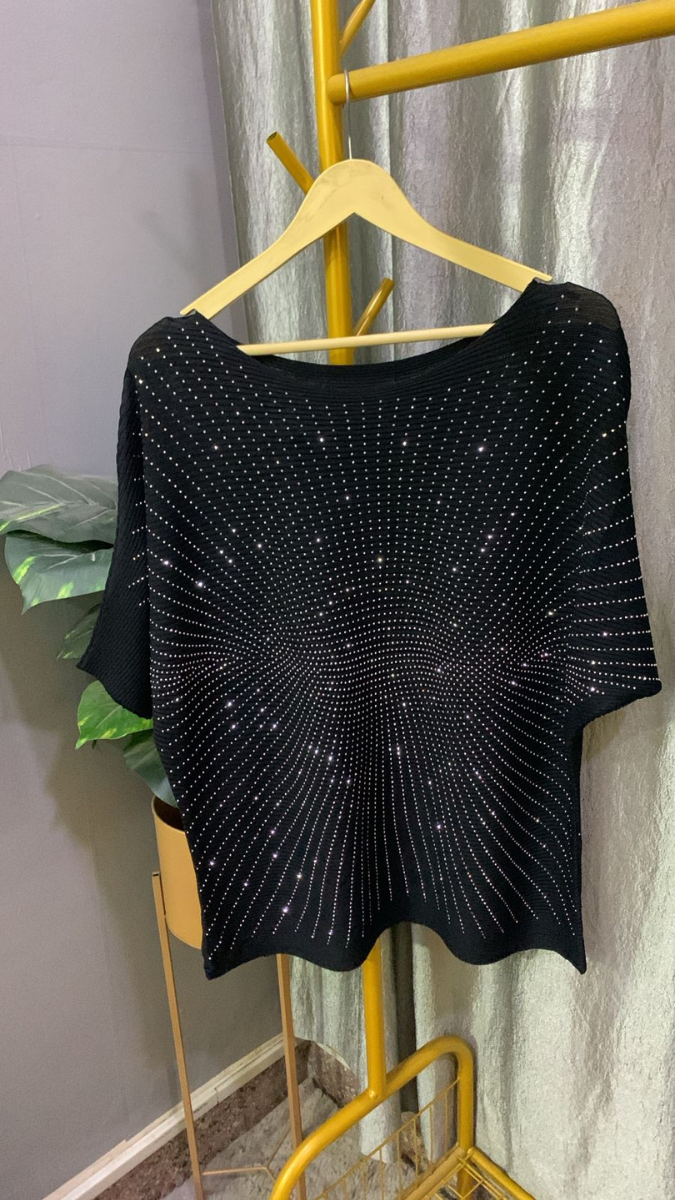 Rhinestone Designed Boat Neck Loose Sleeve Top FC2185