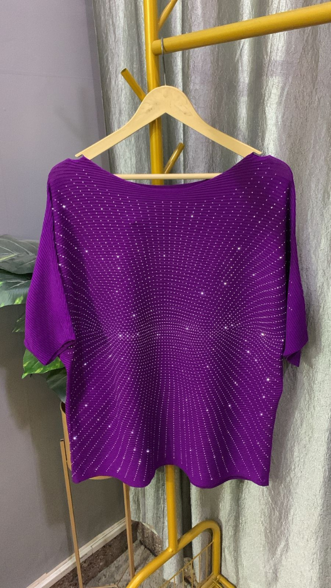 Rhinestone Designed Boat Neck Loose Sleeve Top FC2185