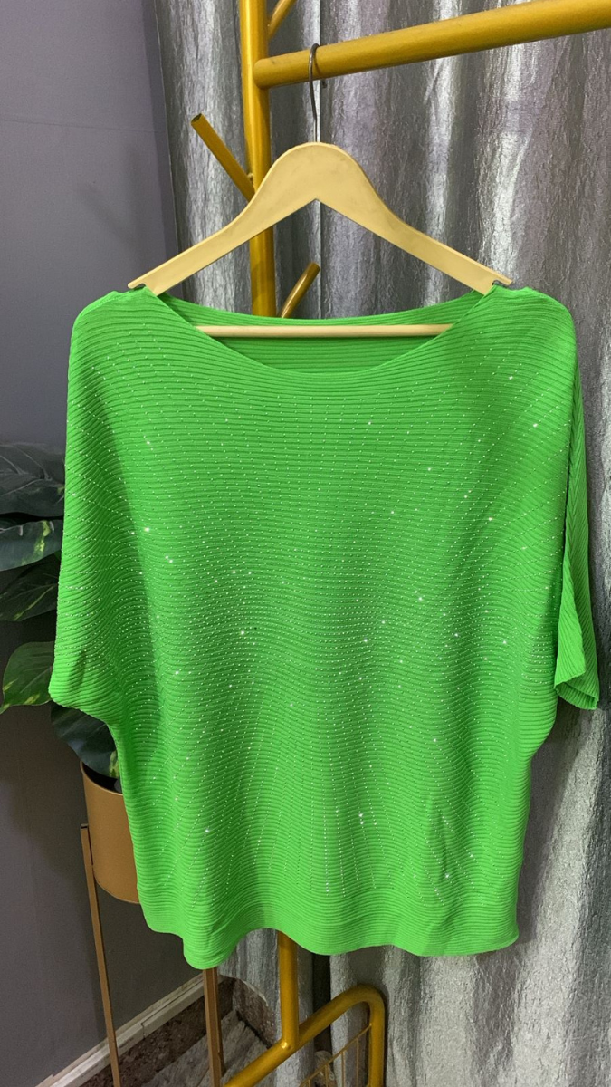 Rhinestone Designed Boat Neck Loose Sleeve Top FC2185