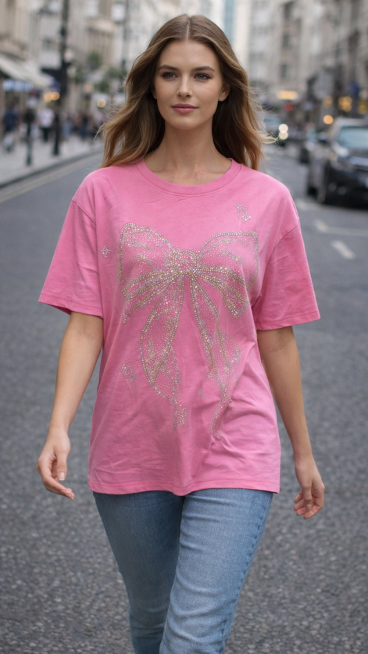 Rhinestone Designed Bow Half Sleeve Top FC2307