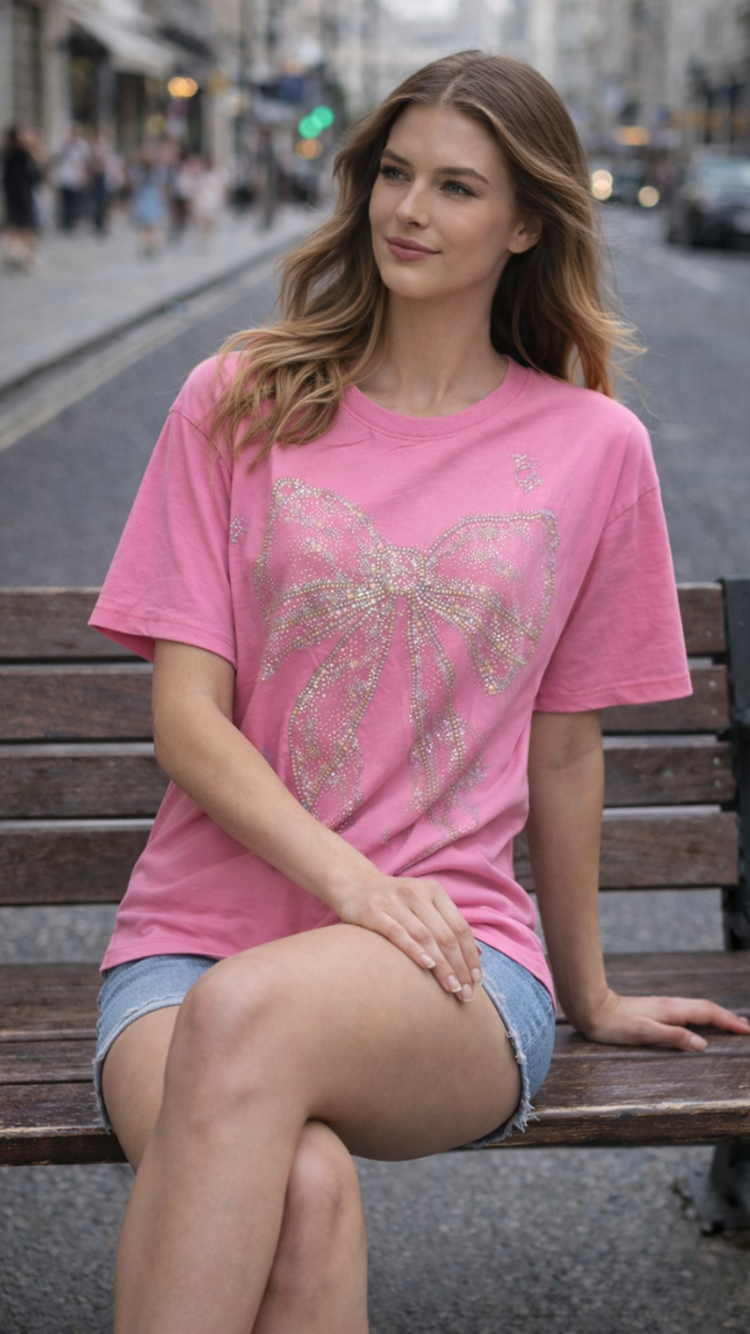 Rhinestone Designed Bow Half Sleeve Top FC2307