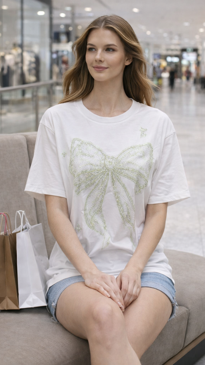 Rhinestone Designed Bow Half Sleeve Top FC2307