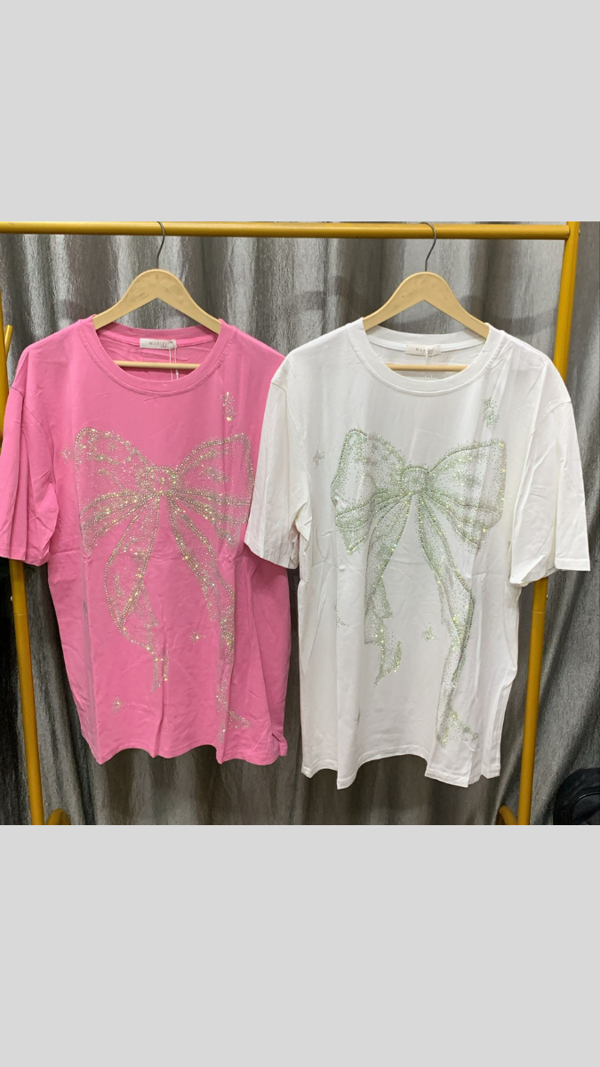 Rhinestone Designed Bow Half Sleeve Top FC2307