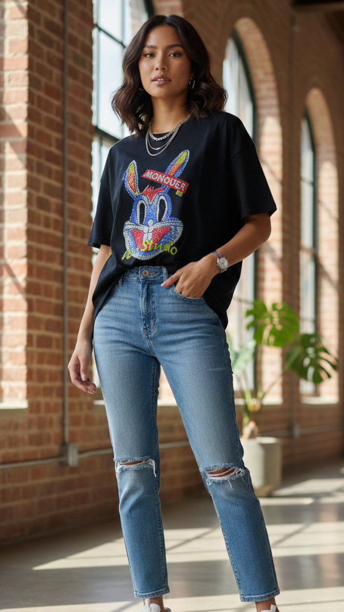 Rhinestone Designed Bunny T- Shirt FC2171