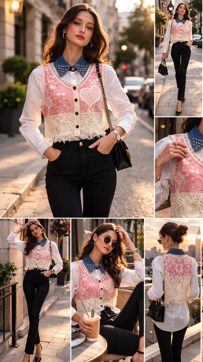 Rhinestone Designed Colorful Vest With Plain Shirt FC2244