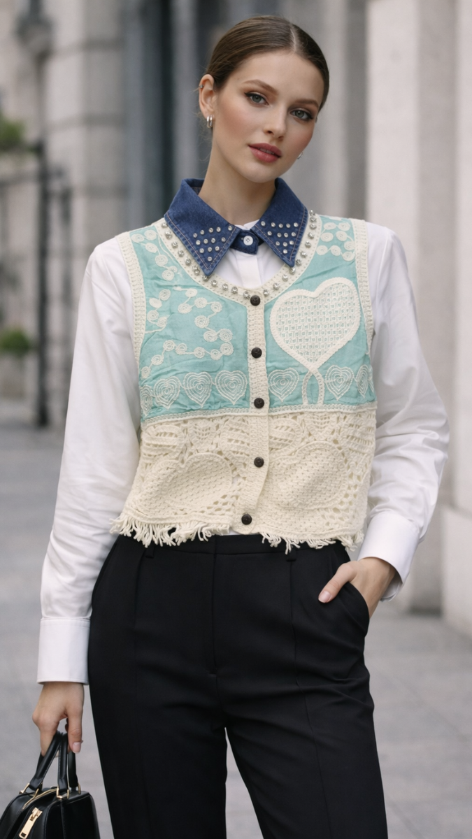 Rhinestone Designed Crochet Vest With Plain Shirt FC2246