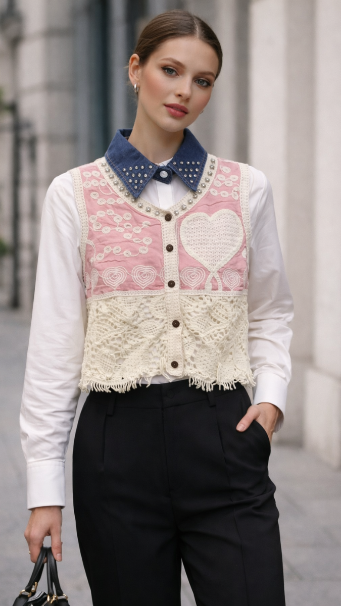 Rhinestone Designed Crochet Vest With Plain Shirt FC2246