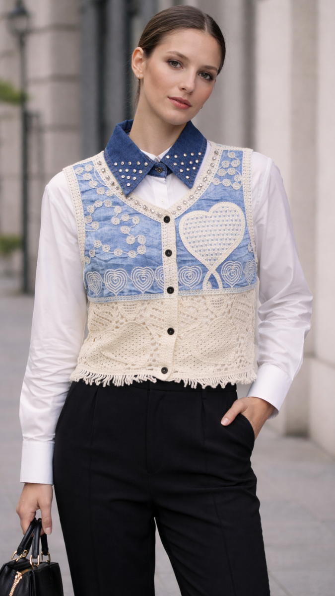 Rhinestone Designed Crochet Vest With Plain Shirt FC2246