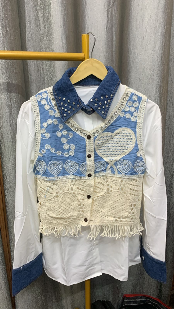 Rhinestone Designed Crochet Vest With Plain Shirt FC2246