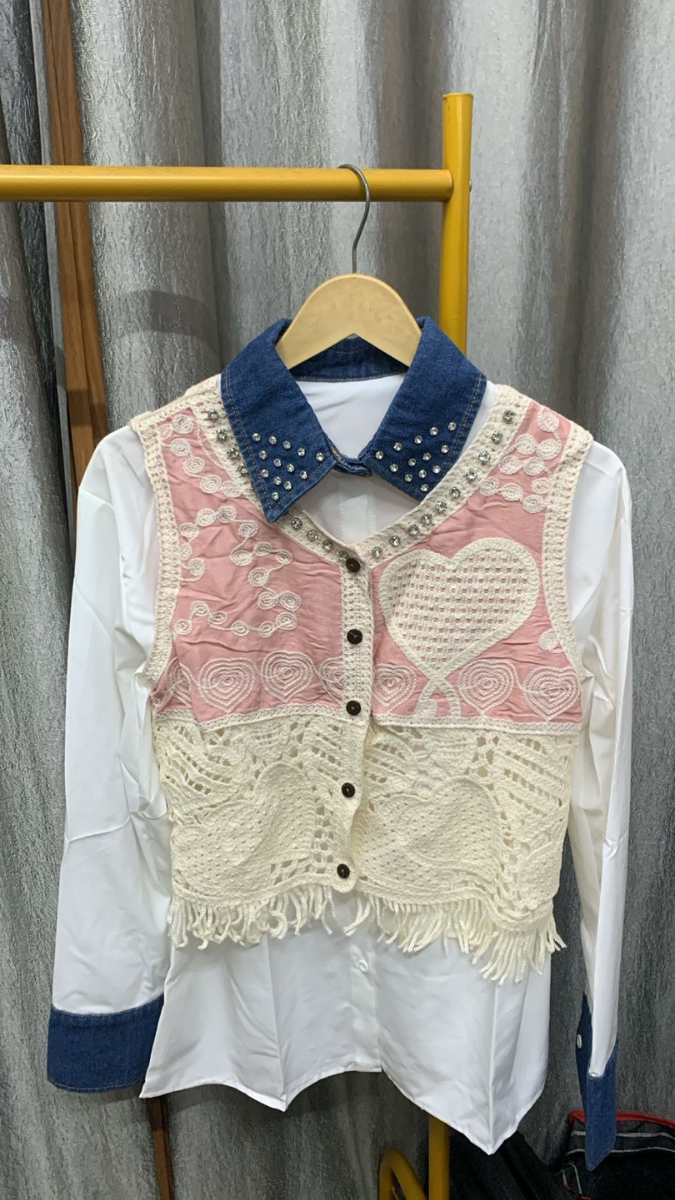 Rhinestone Designed Crochet Vest With Plain Shirt FC2246
