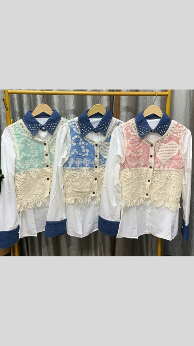 Rhinestone Designed Crochet Vest With Plain Shirt FC2246