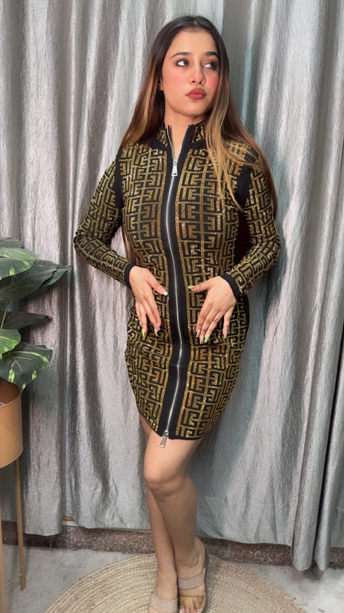 Rhinestone Designed Front Chained Bodycon Dress FC2135