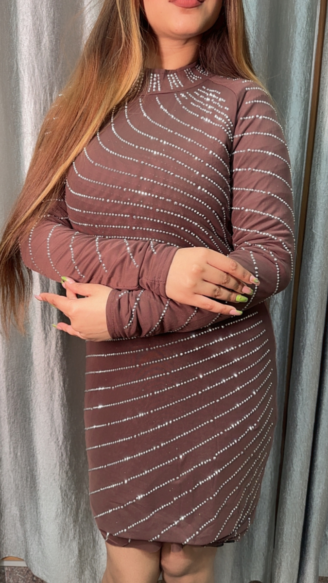 Rhinestone Designed High Collar Bodycon Dress FC2130