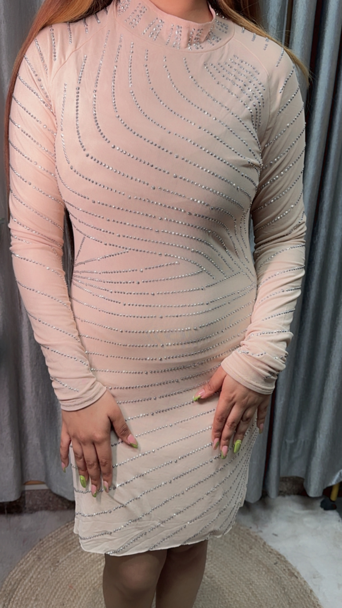 Rhinestone Designed High Collar Bodycon Dress FC2130