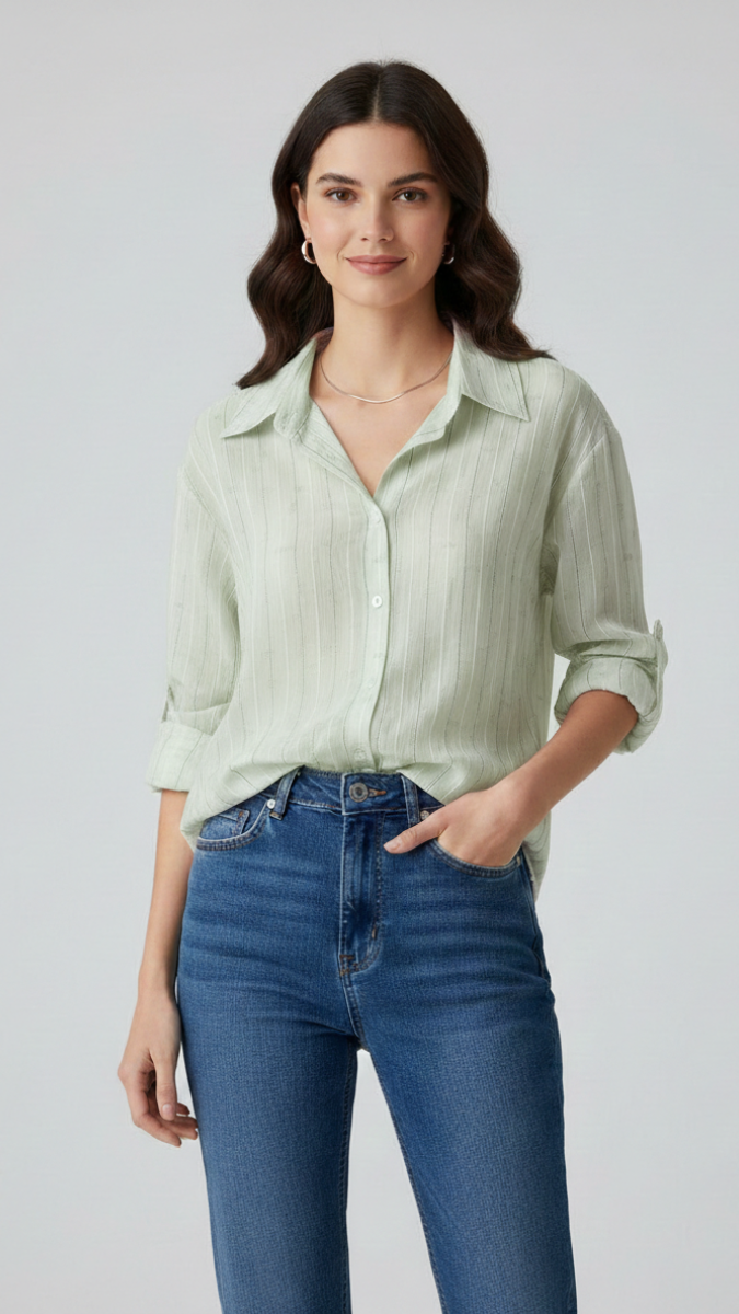 Rhinestone Designed Line Collared Shirt FC2210