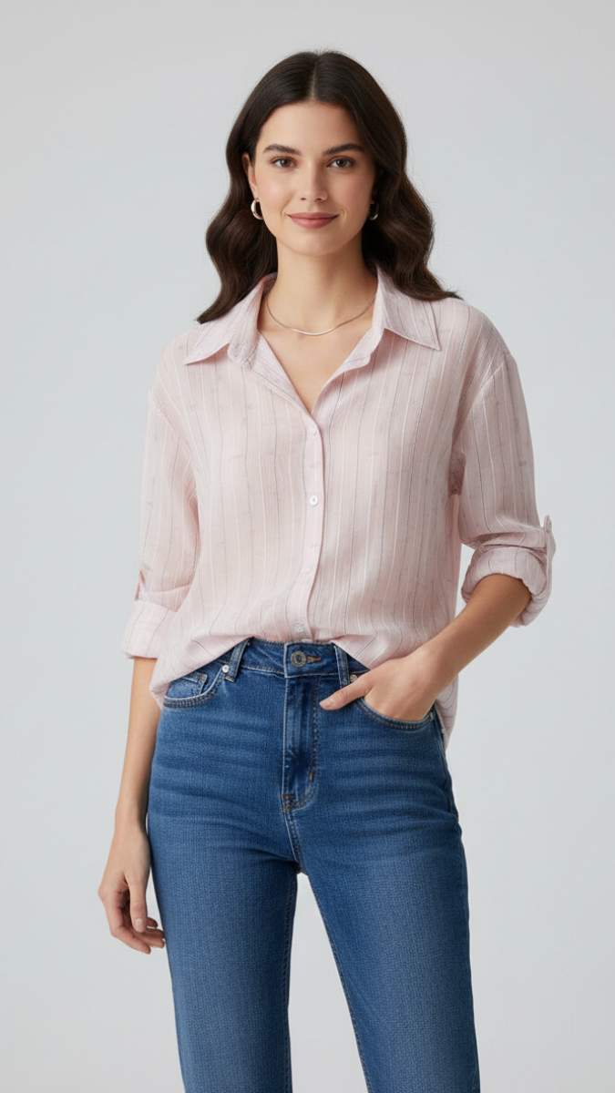 Rhinestone Designed Line Collared Shirt FC2210