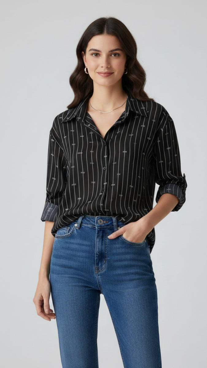 Rhinestone Designed Line Collared Shirt FC2210